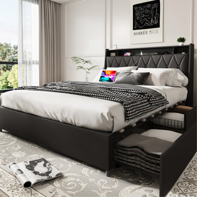 Full Size Bed Frame With Headboard, Storage, And , Noise- Metal, Black, No Box Spring Requirement, Bedroom Glamour Ergonomic Headboard Outlets & Quiet, Spring, Bedroom, Black