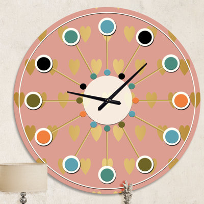 Gold Hearts On Pink - Mid-Century Modern wall clock