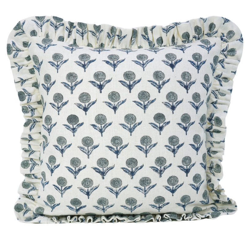 Housse de coussin en tissu de lin blanc cassé, imprimé à la main et à imprimé Fabribine - Genda Pushp, H 20 po x l 12 po