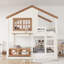 Lit superposé double / lit mezzanine double avec bibliothèque, style maison, clôture de sécurité de haute qualité, beige et naturel-767364024-767364029