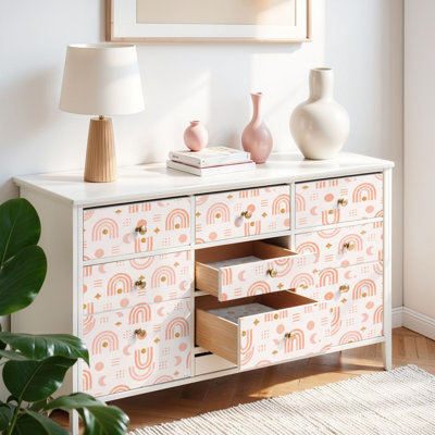 Papier peint auto-adhésif Peel and Stick Peach Coral Boho à motif géométrique abstrait sans soudure avec des étoiles, des lunes, des étoiles, des pois, auto-adhésif et amovible