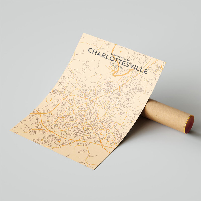 Charlottesville, carte de la ville, impression graphique, H 17 po x l 11 po x P 0,05 po, Orange / or pâle