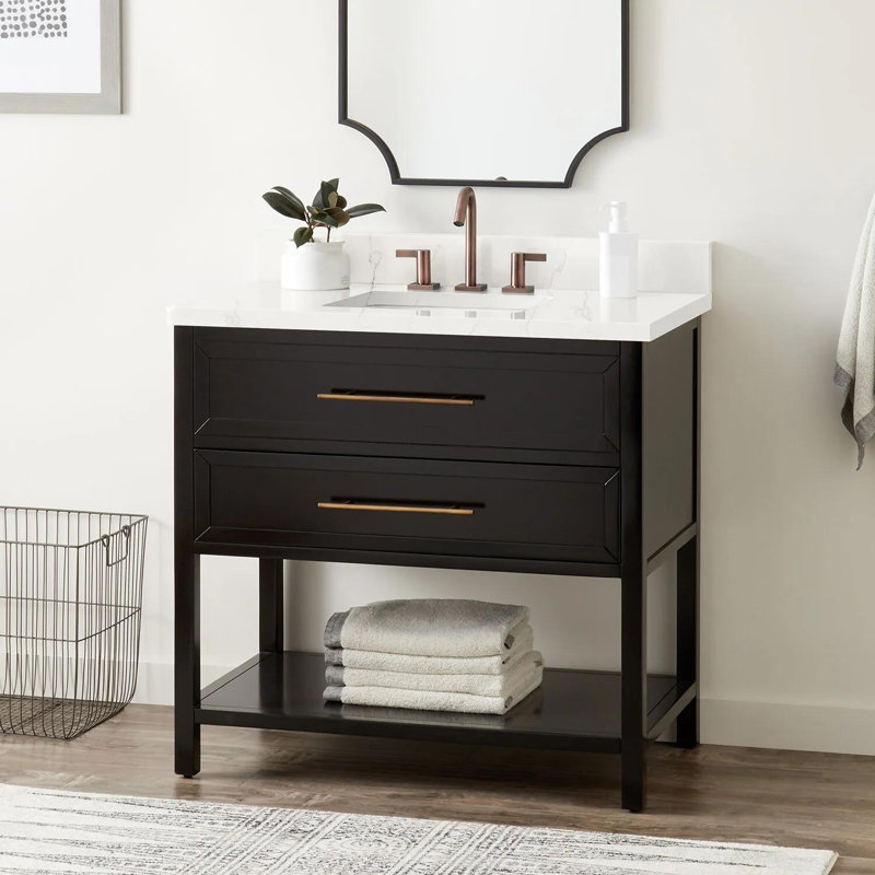 36" Robertson Single Bathroom Vanity Set with Rectangle Undermount Sink, Arctic White Quartz, Black, 8" Widespread