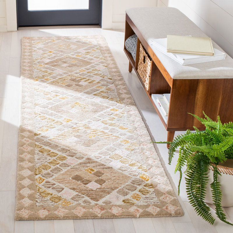 Tapis beige en laine touffeté à la main à motif géométrique, Tapis de couloir 2 pi 3 po x 8 pi