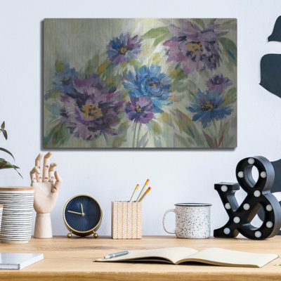 Art mural en métal luxueux, «Bold Blue and Lavender Flowers» par Silvia Vassileva, 24 po x 16 po