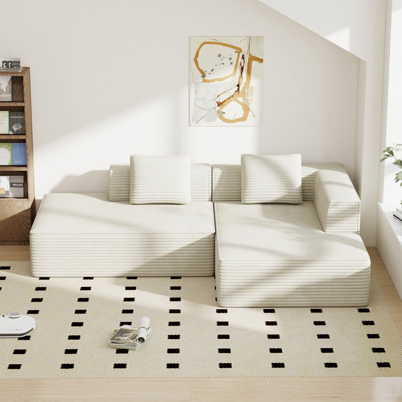 Canapé modulaire en L 89 po en velours côtelé avec méridienne à assise profonde en velours côtelé 89 po, sans assemblage requis | Livraison en boîte compressée
