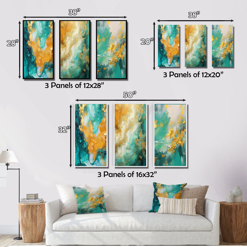 Golden Ocean Waves Turquoise Abstract III - ensemble de 3 reproductions, Cadre noir, H 28 po x l 36 po