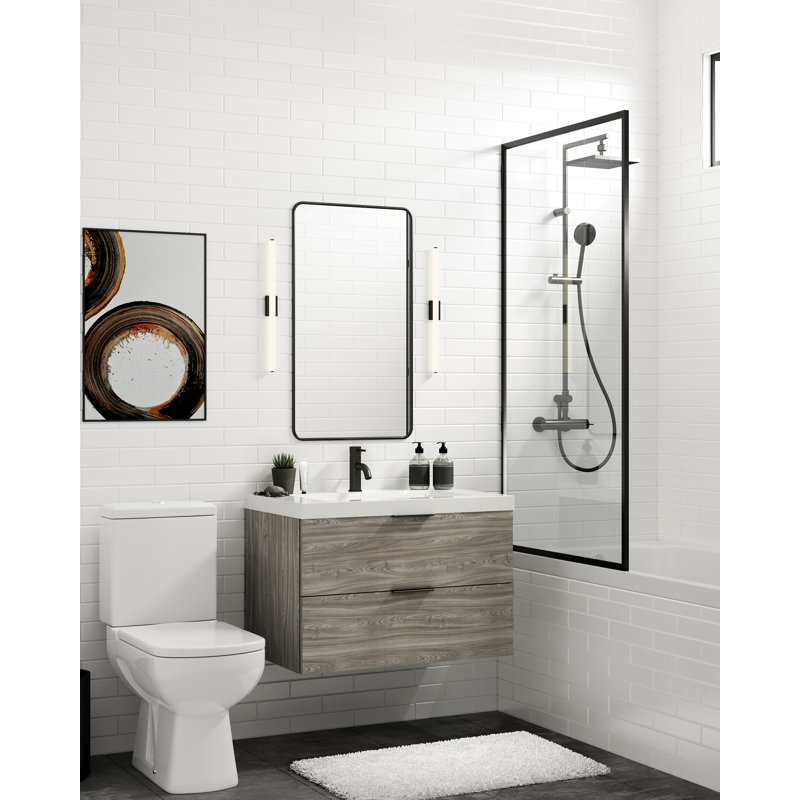 Avila 30" W Wall Mounted Single Bathroom Vanity, Matte White/8" Widespread, Charred, Polished Nickel