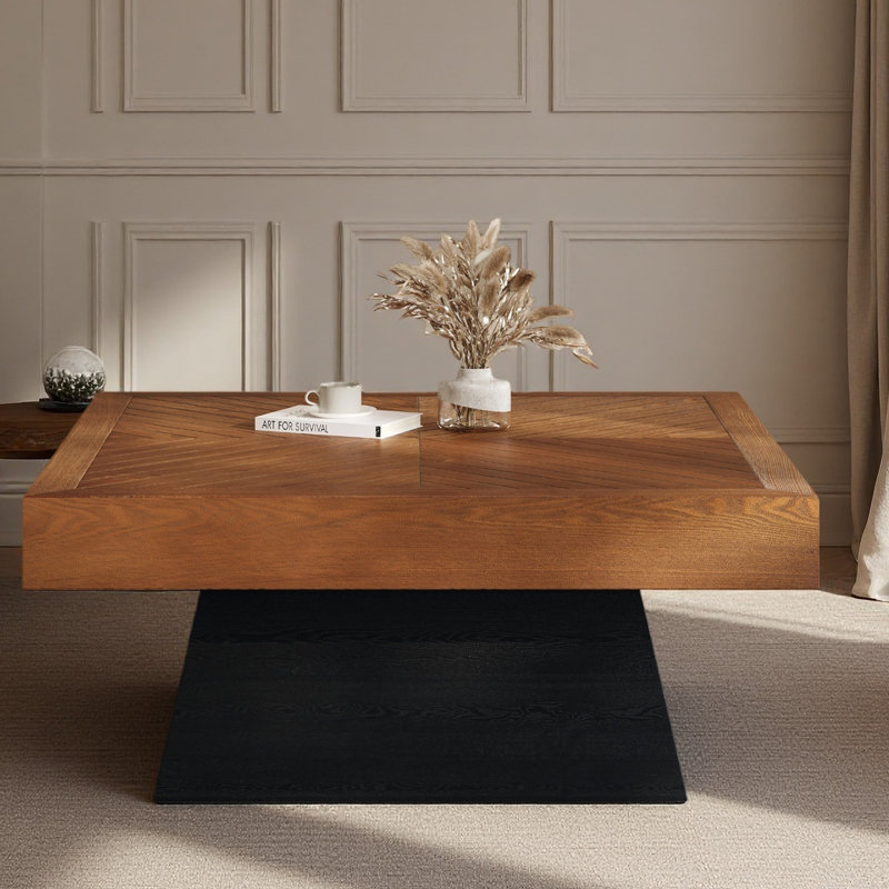 Table basse moderne carrée 31,5 po pour le salon, plateau en grain de bois brun et base noire, table d'appoint de style maison de campagne de style Mid-Century