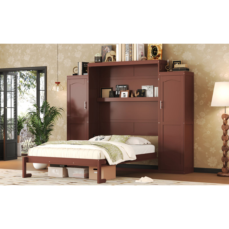 Grand lit pliable avec 2 grandes garde-robes et unités de rangement, cadre de lit en bois pour étagères murales ouvertes, chambre plateforme