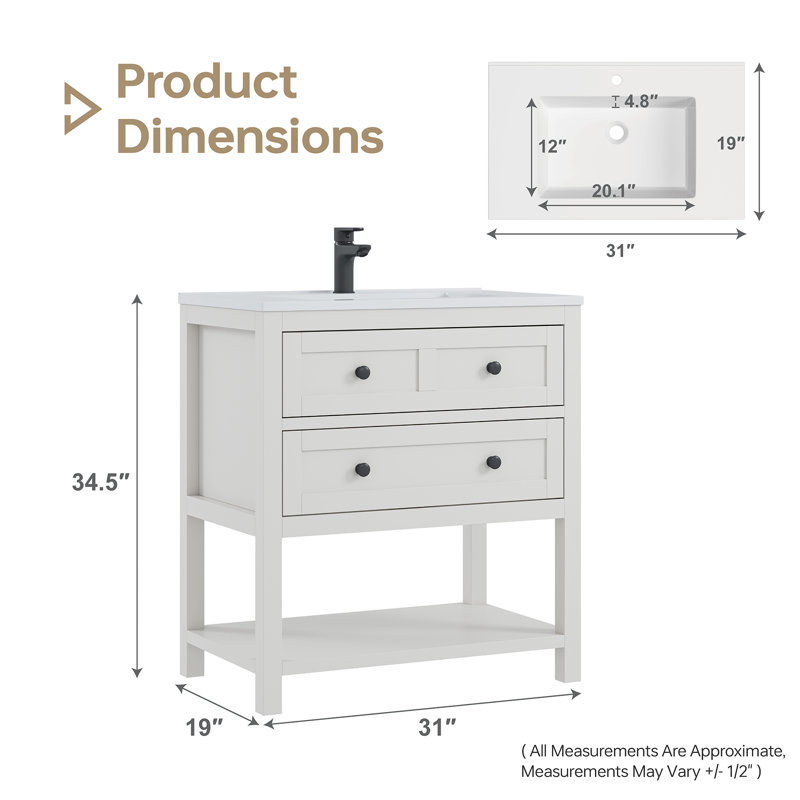 Ensemble de meuble-lavabo simple autoportant de 30 po avec plateau en composite Allensville, 30", Blanc