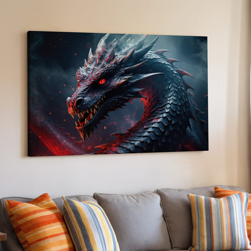 Toile, "Un dragon féroce" avec des échelles complexes et un corps allongé en forme de serpentine, H 11 po x l 14 po