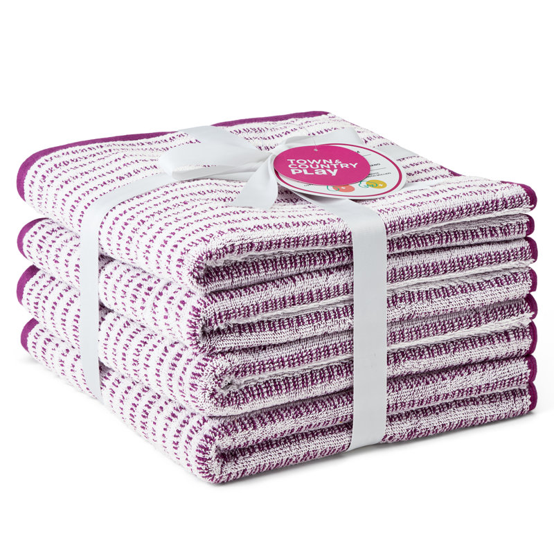 TOWN & COUNTRY PLAY 4-Piece Striped Reversible Terry Brights Hand Towel Set, 20x30-Inch, 100% BCI Cotton, Purple