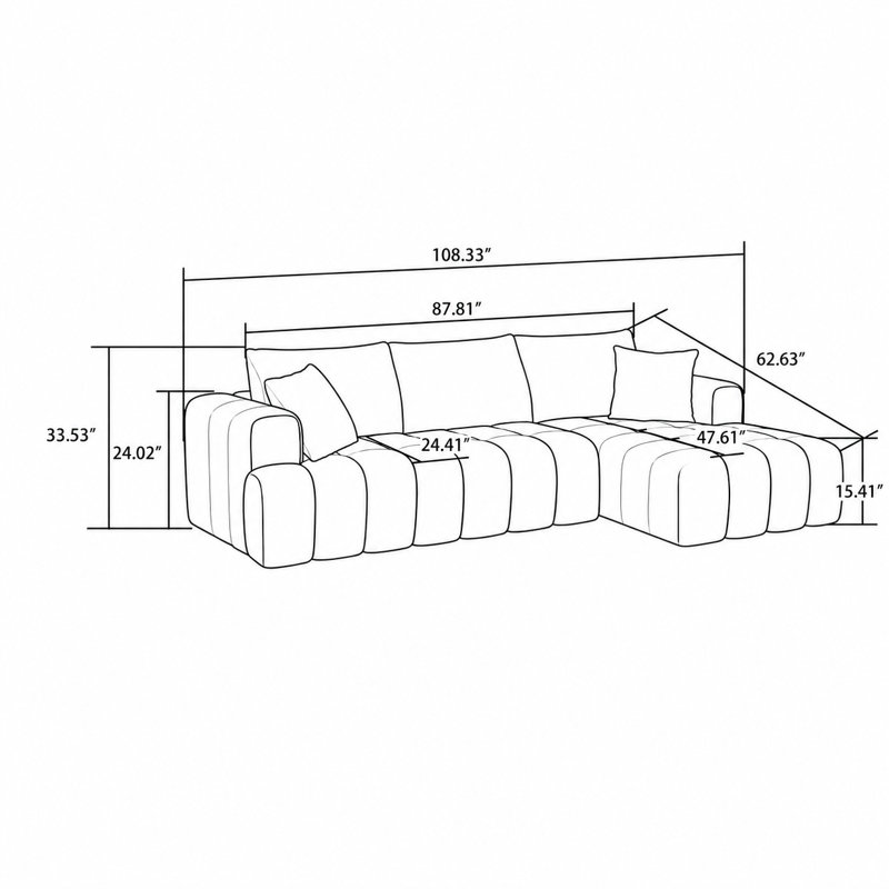 Classic Boneless L-shaped Chenille Fabric Upholstered 3-Seater Sectional Sofa with Two Pillows, Right Hand Facing