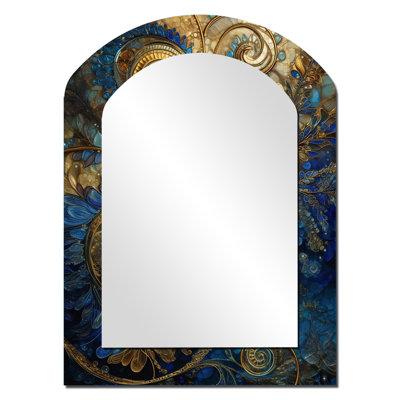 Blue And Gold Melodies Of Boho II - Boho Feather Arch Decorative Mirror, Blue Asymmetrical Wall Mirror, Printed Metal Art