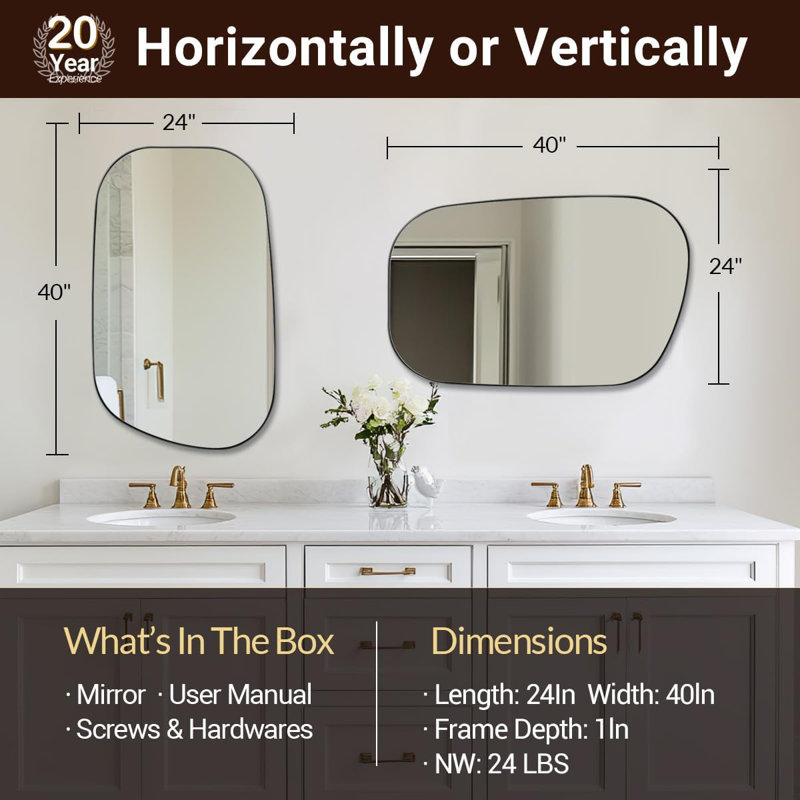 Huldrik Asymmetrical Irregular Bathroom Vanity Mirror | Stainless Steel Frame, Brushed Nickel, 40" x 24"
