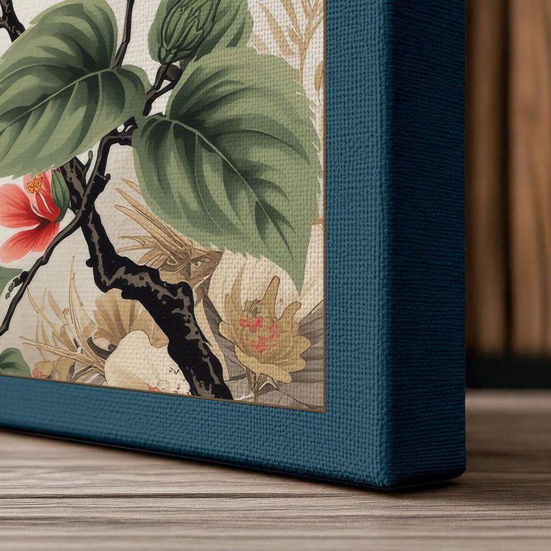 Hibiscus in Gold Botanical - Wrapped Canvas, 36x24 - 91.4 x 61.0 cm, Teal Border