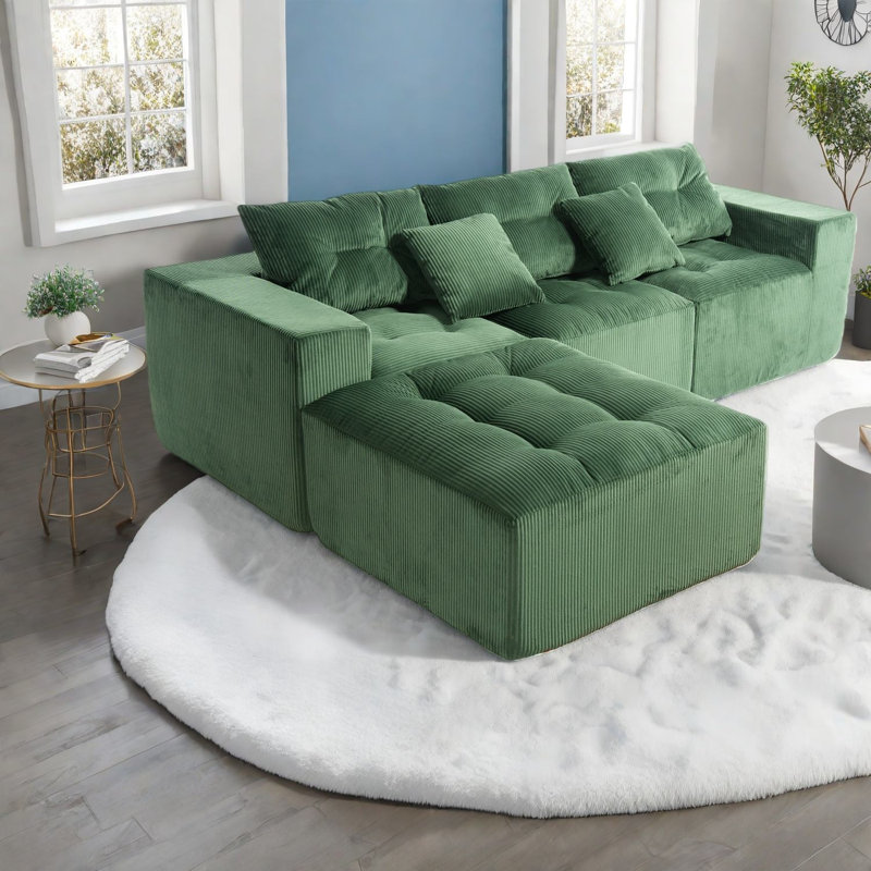 Canapé en velours côtelé spacieux de style rétro, vert pour la maison