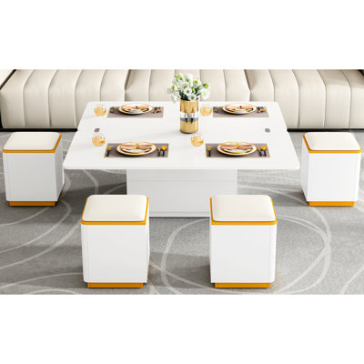Table basse luxueuse pliable et ultrabrillante avec 4 tabourets hauts, de couleur blanche et dorée, 3 modes configurables pour un repas en famille à la maison, conception en mousse à plateau relevable, repas décontractés
