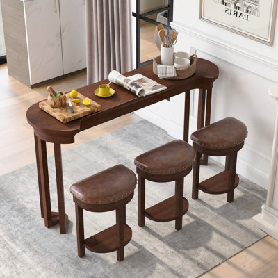 4 Piece Bar Table Set With3 Pu Upholstered Bar Dining Stools, Breakfast Table With 3 Padded Dining Stools Solid Wood Counter Height Dining Table Set