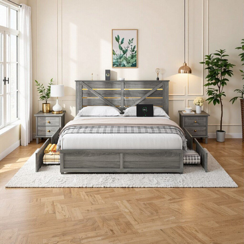 Élégante base de lit de rangement grand format avec éclairage DEL et 4 tiroirs - Base en lattes de métal gris rustique, aucun sommier nécessaire