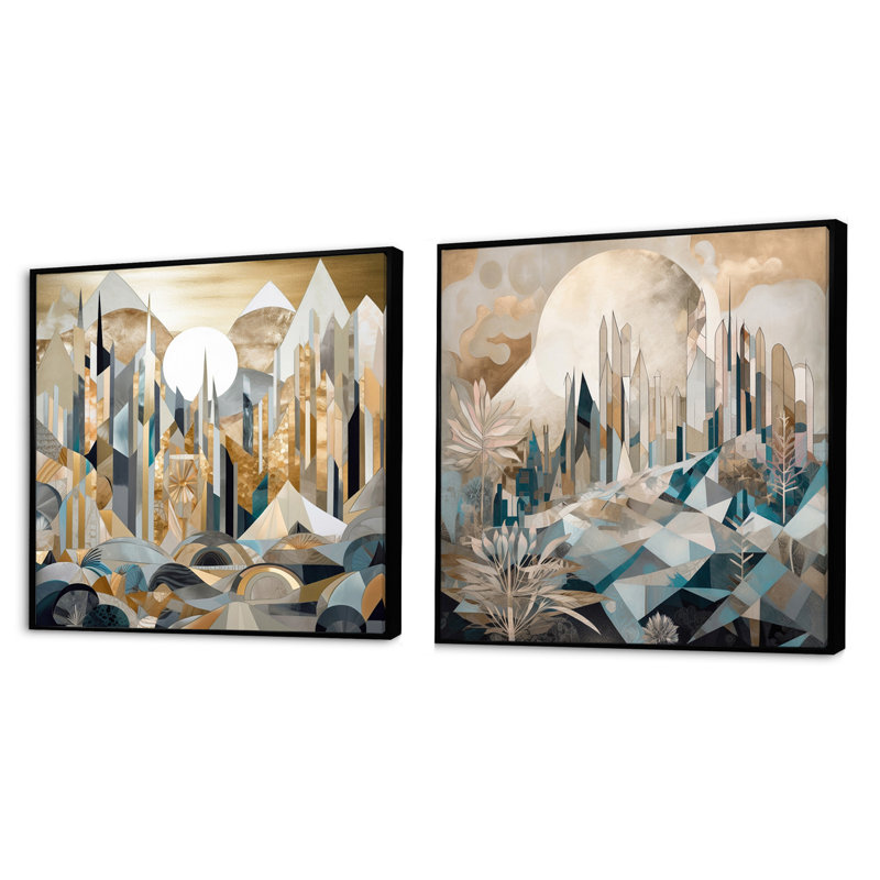 Harmonie géométrique dorée et blanche - ensemble de 2 collages carrés de paysages abstraits, Cadre flottant noir