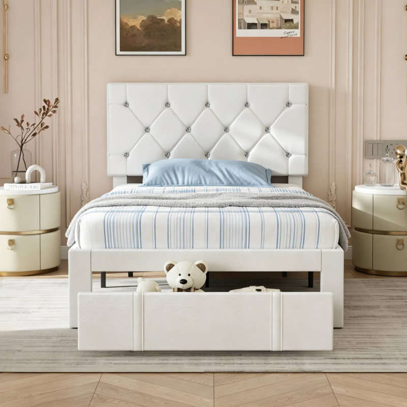 Modern PU Leather Storage Twin Size Bed Frame with Adjustable Tufted Headboard, Twin, White