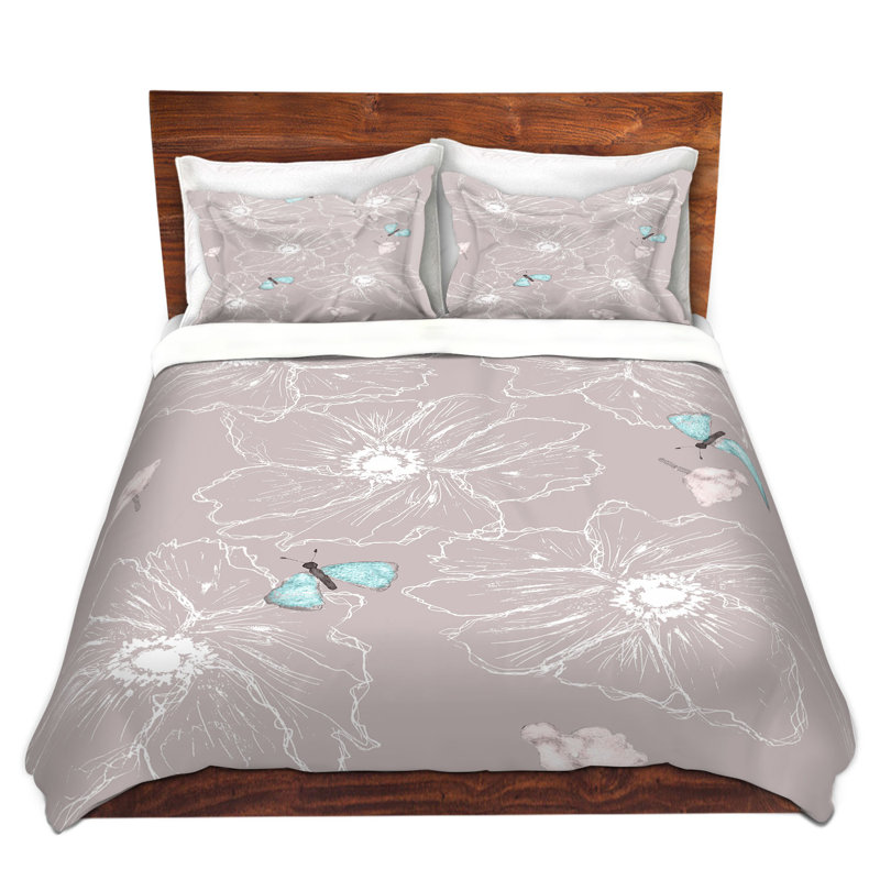 Ensemble de housse de couette papillon anemone, 1 housse + 2 taies très grand lit, Gris / blanc