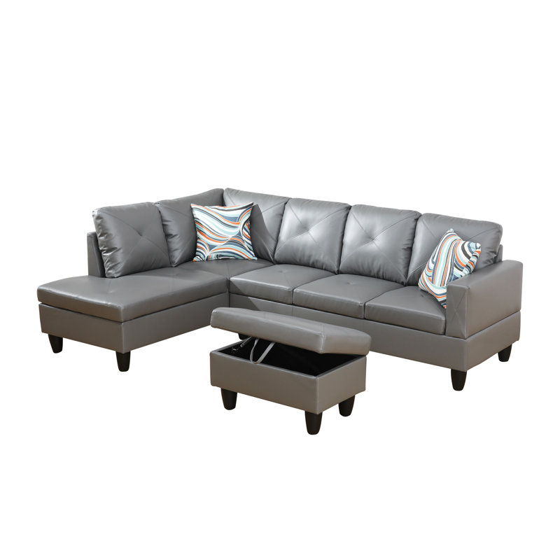 Beverlys 97" Wide Faux Leather Sofa & Chaise with Ottoman, Left Hand Facing, White Faux Leather