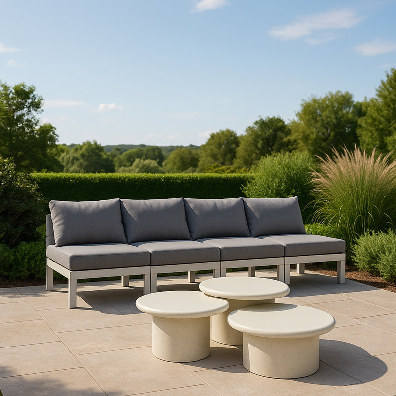 Kylis 120'' Wide Aluminum Patio Sofa with Cushions, White, Gray