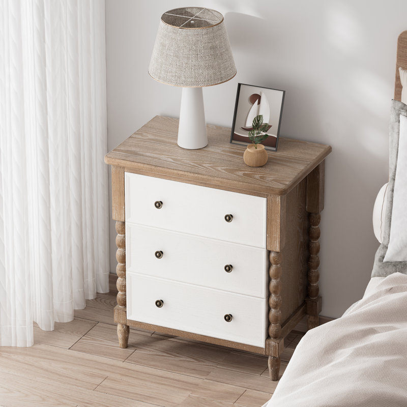 Farmhouse 3 Drawer Nightstand with Turned Wood Legs