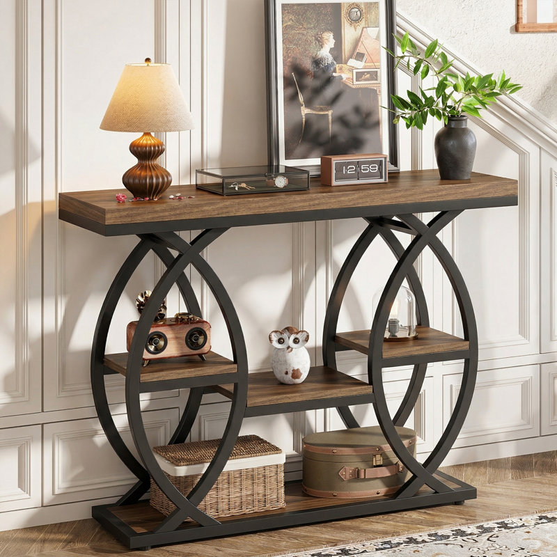 39.4" Industrial Sofa Console Table With 4-Tier Storage Shelves, Black, Brown