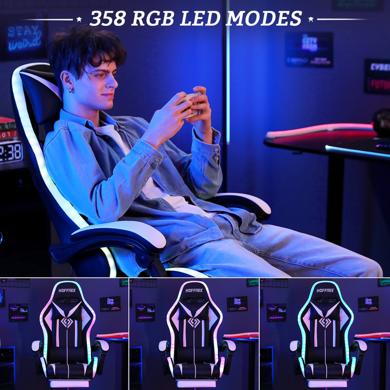Hoffree Massage Ergonomic Gaming Chair with Bluetooth Speakers and RGB LED Lights, White/Black