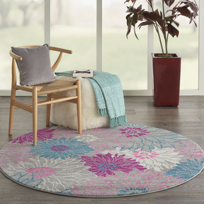 Tapis gris / rose / bleu à motif floral Carollee, Rond 5 pi 3 po