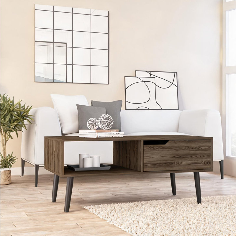 Warm Brown Particle Board Coffee Table with Drawer and Open Shelf, Rectangular Living Room Centre Table
