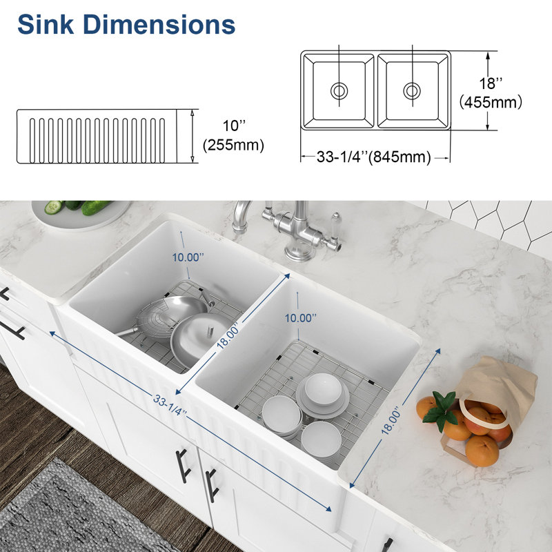 Évier de cuisine double 33 po x l 18 po avec grille en acier inoxydable et crépine