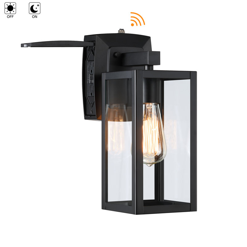 1-Light Matte Black Outdoor Wall Lantern Sconce with GFCI Outlet and Dusk to Dawn Sensor, 12.8'' H X 5'' W X 8'' D
