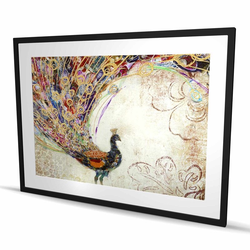 Paon avec des plumes dorées - reproduction encadrée mate pour la décoration, H 36 po x l 48 po, Noir