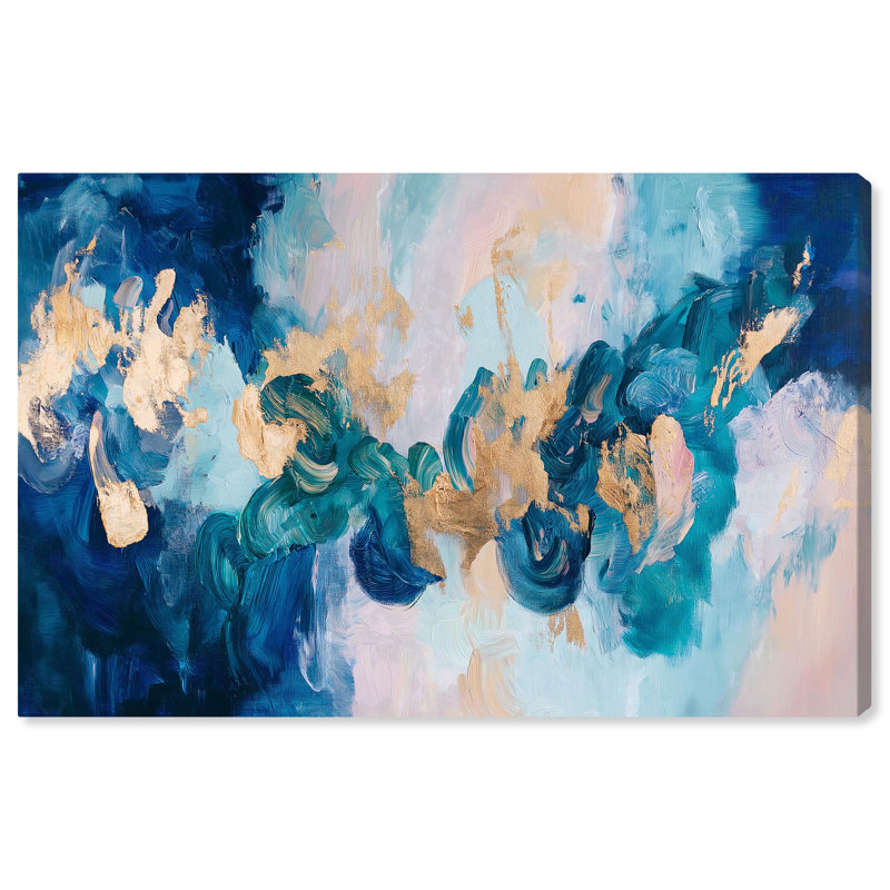 Toile dorée et turquoise, art abstrait bleu par Art Remedy, Toile tendue, H 24 po x l 36 po