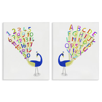 Peacock Alphabet Numbers  2 PC Canvas Wall Art Set by Carla Daly