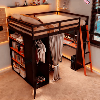 Modern Gaming Loft Bed With Desk, Lighted Pegboard, Storage Bookcase And Wardrobe