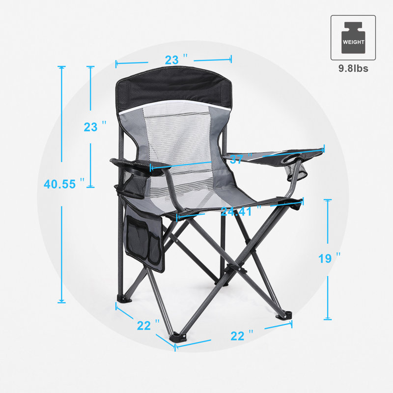 Chaise de camping noire surdimensionnée et confortable avec porte-gobelets et poche latérale, Noir/gris