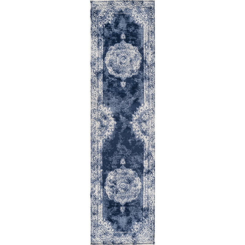 Tapis bleu marine / ivoire, Tapis de couloir 2 pi 3 po x 10 pi