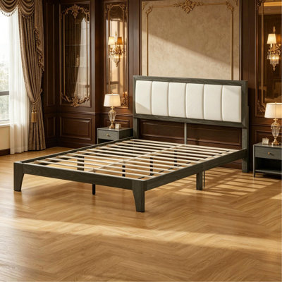 Wooden Bed Frame,Stylish Low-Profile Bed Base,Bed Frame with Upholstered Headboard(Only Bed Frame)