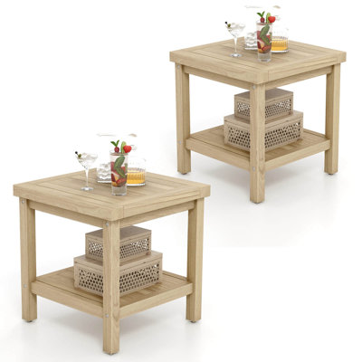 Lark Manor 2 Pcs 2-tier Outdoor Side Table, Teak Wood End Table With Storage Shelf Natural