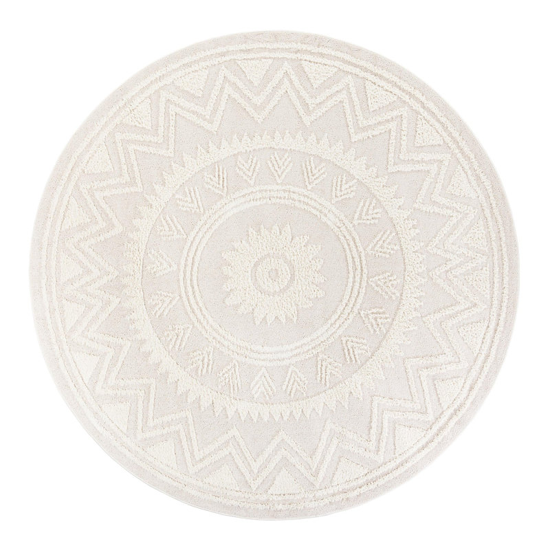 Amirah Geometric Machine Woven Polyester Area Rug in Ivory, Round 10' - No Tassels