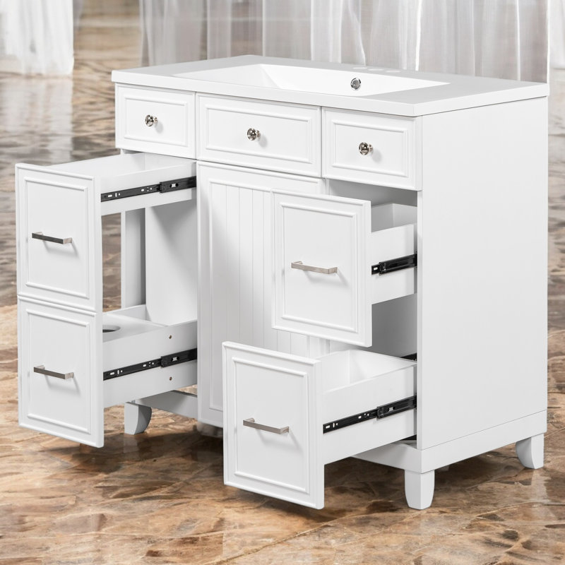 Meuble-lavabo simple 36 po avec comptoir en céramique, assemblage requis, Blanc