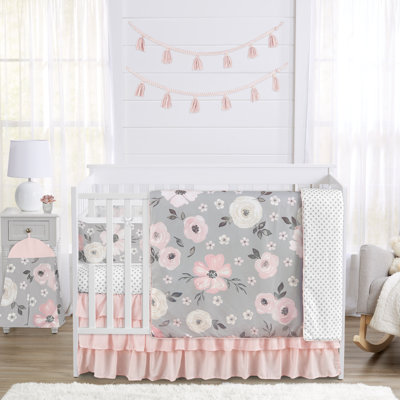 Sweet Jojo Designs Grey Boho Floral Girl 6p Crib Bedding + BreathableBaby Breathable Mesh Liner  Bohemian Shabby Chic
