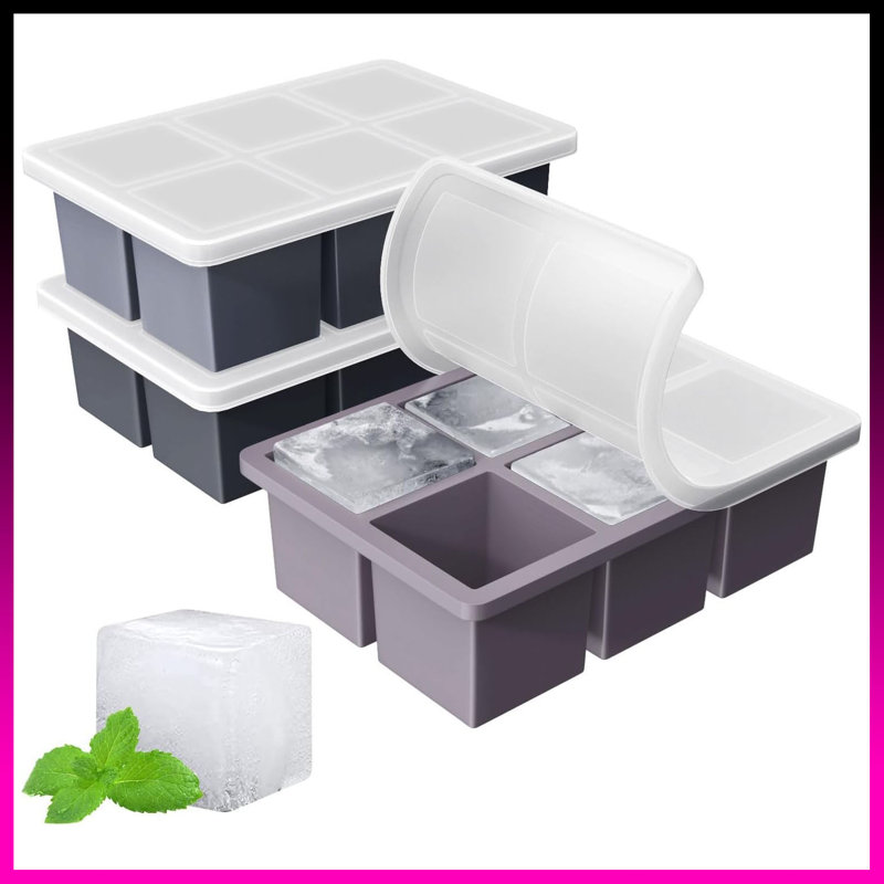 Paquet de 3 grands plateaux à glaçons en silicone - Moules à glaçons carrés de 2 pouces pour le whisky et les cocktails, machine à cubes de whisky à l'ancienne (énormes cubes à fusion lente), noir + gris foncé + mauve