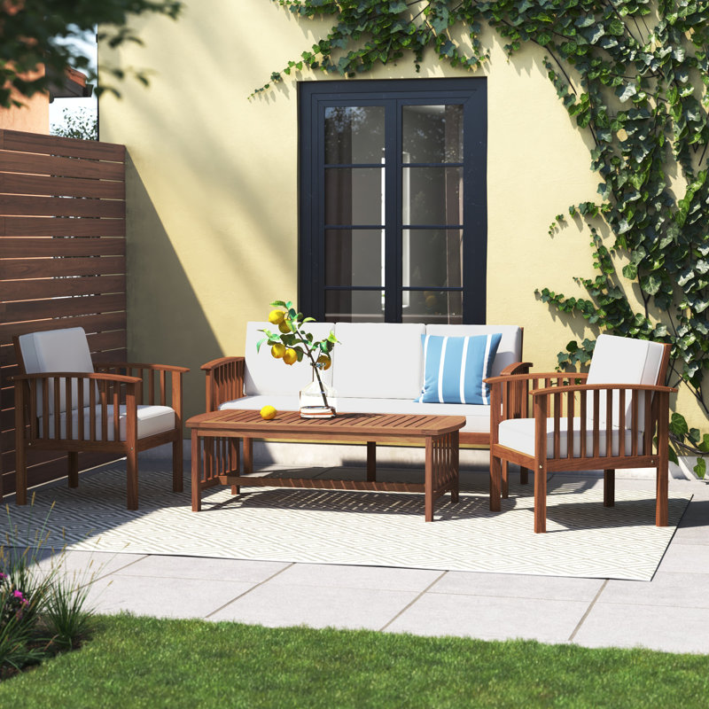 Ensemble de conversation en bois d'acacia massif avec coussins 5 pièces Alderico, White, Natural